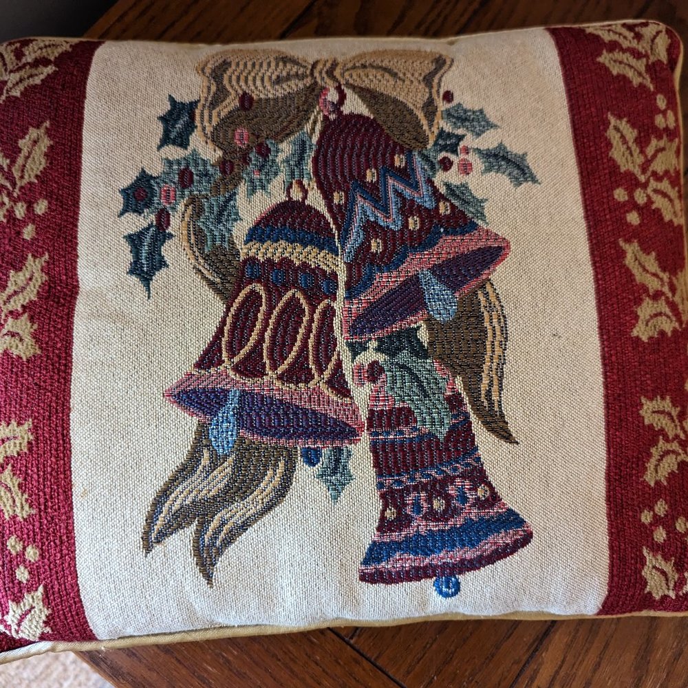 Vintage Christmas Bells Stitched Red & Gold Holiday Pillow Cushion 16" x 13"